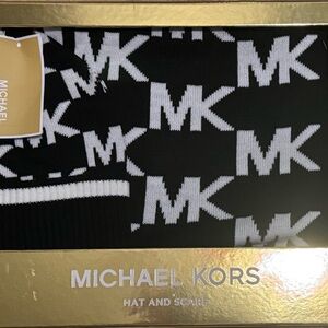 Michael Kors Black and White MK Logo Hat and Scarf Set